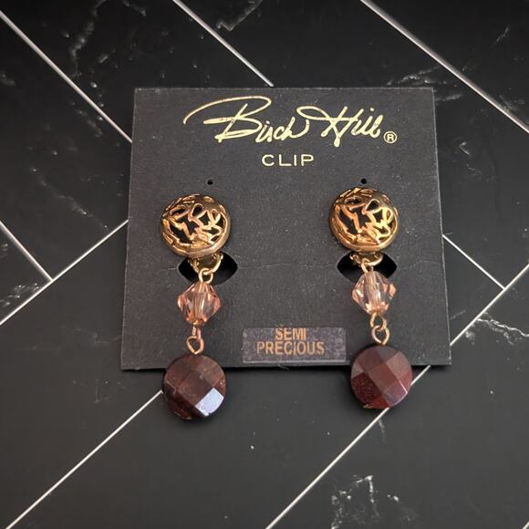 Vintage Birch Hill Clip On Earrings Brown Semi Precious Dangle - Fair Condition - Picture 1 of 11